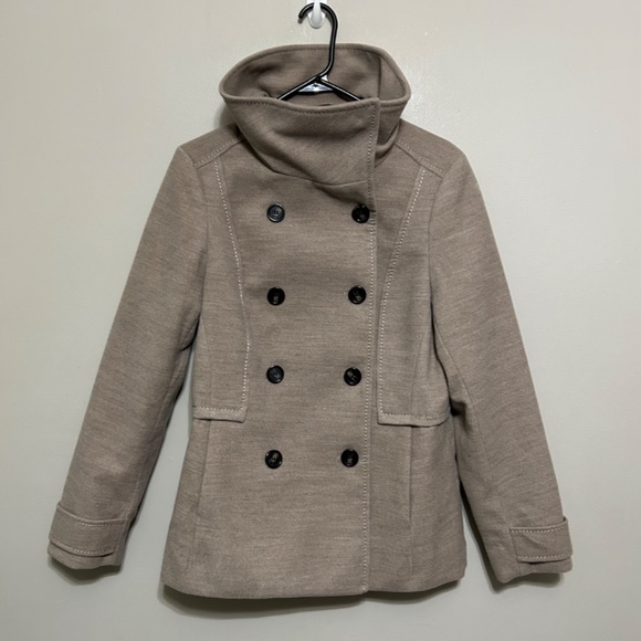 H&M Women's Pea Coat Jacket 12 Taupe Beige Casual Double Breast Button High Neck - Picture 3 of 14
